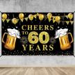 black gold happy 60th birthday decorations large cheers to 60 years banner backdrop, 72.8 x 43.3 inch anniversary photo background poster sign party supplies logo
