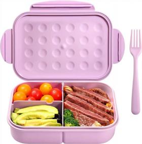 img 4 attached to Leakproof Bento Box For Adults And Kids With 3 Compartments, Microwave-Safe Lunch Containers, Purple Color, Includes Flatware - Jeopace