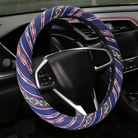 img 4 attached to 🚗 AOTOMIO Deepblue Steering Wheel Cover - Ethnic Style Coarse Flax Cloth Cover for 15-inch Universal Fit Cars and SUVs