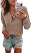 women's long sleeve henley shirt with pocket & button up loose ribbed sweater top logo