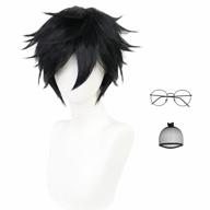 men's short black layered wig set with bonus wig cap and glasses - perfect for anime cosplay, halloween parties, and daily dress up - synthetic natural wavy emo wig for a realistic look. logo