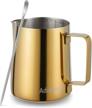 gold milk frothing pitcher with decorating art pen - 350ml stainless steel steaming pitcher for barista-style latte art, cappuccinos, and coffee logo