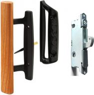 oak wood interior & exterior sliding glass patio door handle set w/ white diecast finish and 45° keyway mortise lock - fits 3-15/16” screw hole spacing, non-keyed with latch логотип