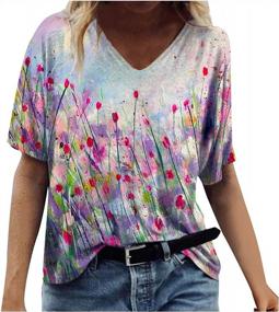 img 4 attached to Trendy Floral Tunic: Casual Loose Fit Short Sleeve Tops For Women 2022 - Plus Size V-Neck Blouse & Basic Tees