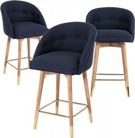 img 4 attached to Set Of 3 Guyou Blue Fabric Swivel Counter Height Bar Stools With Tufted Back, Mid-Century Modern Kitchen Island Chair Stools With Wooden Legs And Gold Footrest For Home Bar, Dining Room And Pub