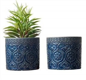 img 4 attached to Set Of 2 Small Ceramic Plant Pots With Beaded Embossed Design And Solid Bottom For Succulents And Flowers - 4-Inch Cobalt Blue Indoor Planters By MyGift