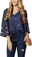 women's v neck bell sleeve blouse with mesh panel 3/4 loose shirt flowy top logo