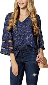 img 4 attached to Women'S V Neck Bell Sleeve Blouse With Mesh Panel 3/4 Loose Shirt Flowy Top