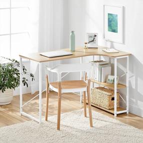 img 3 attached to Spacious L-Shaped Home Office Desk With Storage Shelves - Modern Simple Design, Durable White Metal Frame And Light Natural Wood Top - Ideal For PC Work, Writing And Space Saving