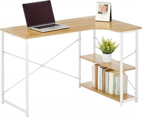 img 1 attached to Spacious L-Shaped Home Office Desk With Storage Shelves - Modern Simple Design, Durable White Metal Frame And Light Natural Wood Top - Ideal For PC Work, Writing And Space Saving