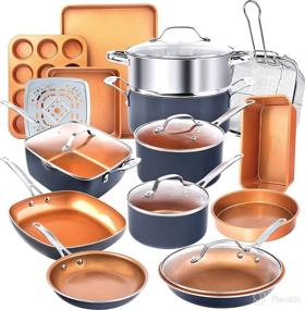 img 4 attached to Complete Kitchen Cookware Set with Nonstick Ceramic Copper Coating - Gotham Steel 20 Piece Pots 🍳 & Pans, Bakeware: Frying Pans, Skillets, Stock Pots, Deep Square Fry Basket, Cookie Sheet & Baking Pans