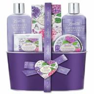 lavender bath and body spa gift basket for women - relaxing home spa kit with bubble bath, shower gel, body lotion, bath salt & bombs - perfect birthday or mothers day present! logo