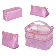 4 pcs waterproof cosmetic bags portable travel makeup bag set with glitter mermaid print double layer multifunctional organizer for women and girls - pink logo
