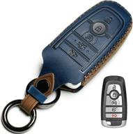 blue cowhide leather key fob cover for ford: 5-button smart key, compatible with most explorer, mustang, fusion, escape, edge, raptor, f150, f250, f350, f450, f550, lincoln aviator gt - ohte key fob cover logo