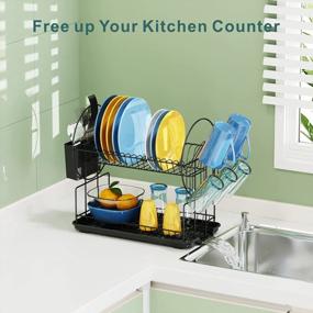 img 3 attached to GSlife Dish Drying Rack, Rust-Resistant Small 2 Tier Dish Rack With Drainboard Set, Dish Drainer With Utensil Holder & Cup Holder For Kitchen Counter, Black