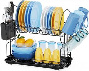 img 4 attached to GSlife Dish Drying Rack, Rust-Resistant Small 2 Tier Dish Rack With Drainboard Set, Dish Drainer With Utensil Holder & Cup Holder For Kitchen Counter, Black