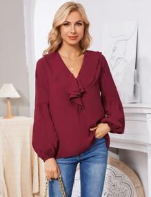 img 2 attached to Women'S V Neck Business Casual Chiffon Blouse Top With Elegant Ruffle Long Balloon Sleeves And Button Up Work Shirt