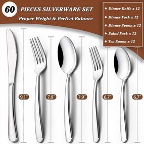 img 3 attached to Deedro 60 Piece Stainless Steel Flatware Set: Complete Service For 12 With Mirror Polished Finish, Durable Cutlery Set For Home Kitchen, Dishwasher Safe