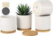 set of 4 white ceramic planters with drainage hole and bamboo saucer - ideal for succulents, indoor flowers, cacti, snake plants, and herbs. mesh pads included (plants not included) - by omaykey. logo
