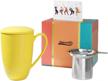 ceramic tea mug with infuser and lid - immaculife teacup for perfect steeping, 16 oz, yellow logo