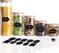 5-piece airtight glass canister set with bamboo lids and labels for kitchen pantry storage - includes 26/34/45/53/80 oz jars for food storage and organization logo