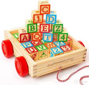 img 4 attached to 🔠 Oaktown Supply Toddler Building Blocks - 30 Large Wooden Baby Blocks with Alphabet and Number Icons, Stackable Toys with Toy Wagon, Age 1-3