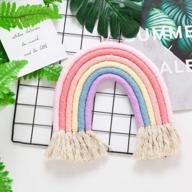 colorful rainbow macrame wall hanging for kids room decor and nursery, soft cotton rope tapestry with tassel, boho wall art backdrop and newborn birthday gift idea logo