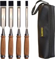 high-quality 4-piece wood chisel tool set with durable chrome vanadium steel blades and beech handles for woodworking, complete with leather bag logo