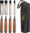 high-quality 4-piece wood chisel tool set with durable chrome vanadium steel blades and beech handles for woodworking, complete with leather bag logo