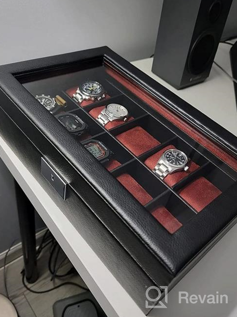 img 1 attached to ROTHWELL 10 Slot Leather Watch Box - Luxury Watch Case Display Jewelry Organizer - Locking Watch Display Case Holder With Large Glass Top - Watch Box Organizer For Men And Women (Black/Black) review by Dave Giri