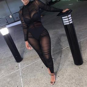 img 3 attached to Uni Clau Women One Piece Outfits Mesh Sheer Bodycon Jumpsuit Long Sleeve See Through Party Jumpsuits