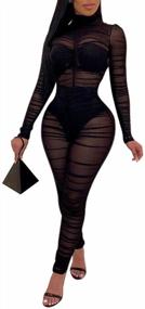 img 4 attached to Uni Clau Women One Piece Outfits Mesh Sheer Bodycon Jumpsuit Long Sleeve See Through Party Jumpsuits