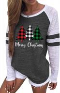 get festive with women's merry christmas baseball t-shirt - featuring buffalo plaid tree graphic, splicing sleeves & casual style! logo