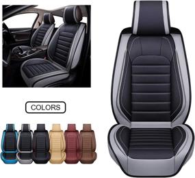 img 4 attached to OASIS AUTO OS-012 Leather Car Seat Covers, Faux Leatherette Cushion Cover for 5-Passenger Cars & SUVs, Universal Fit Set for Auto Interior Accessories (Black & Grey, Front Pair)