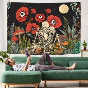img 2 attached to Vintage Plant Tapestry Wall Hanging Aesthetic Simpkeely Skull Floral Moon Garden Kissing Lovers Skeleton Flower Mushroom 59.1 X 80 Inches Bedroom Living Room Decor