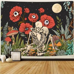 img 4 attached to Vintage Plant Tapestry Wall Hanging Aesthetic Simpkeely Skull Floral Moon Garden Kissing Lovers Skeleton Flower Mushroom 59.1 X 80 Inches Bedroom Living Room Decor