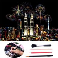diy scratch rainbow painting paper art craft night view - petronas twin towers theme - 16" x 11.2" - ideal for adults and kids - inewbetter ib190 logo