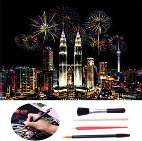 img 4 attached to DIY Scratch Rainbow Painting Paper Art Craft Night View - Petronas Twin Towers Theme - 16" X 11.2" - Ideal For Adults And Kids - INewbetter IB190