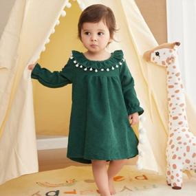 img 3 attached to Toddler Baby Girl Long Sleeve Corduroy Dress With Flutter Ruffle, Pom Pom Neckline For Fall Winter - 1-4 Years