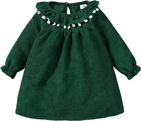 img 4 attached to Toddler Baby Girl Long Sleeve Corduroy Dress With Flutter Ruffle, Pom Pom Neckline For Fall Winter - 1-4 Years