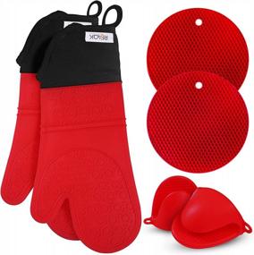 img 4 attached to RFAQK Oven Mitts And Pot Holders Sets- Extra Long Silicone Oven Mitts, Oven Mitts Heat Resistant With Quilted Soft Liner And Mini Oven Mittens Sets For Kitchen, Baking, Grill And BBQ (Red)
