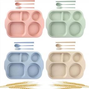img 4 attached to Nicunom 4 Pack Unbreakable Divided Plates, BPA Free Section Plates For Toddlers Kids Children Adults, 5-Compartment Wheat Straw Tray For Home School Nursery, Microwave Dishwasher Safe