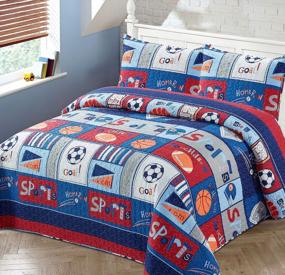 img 1 attached to 🏀 Red White and Blue Varsity Sports Themed Kids / Boys / Toddler Bedspread Set with Pillowcases and Football Soccer and Basketball Imagery - # MVP Sport (Queen / Full)