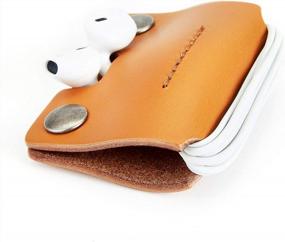 img 3 attached to Оранжевый чехол-держатель для наушников из натуральной кожи ручной работы с подставкой для мобильного телефона - органайзер для шнура и устройство для намотки наушников