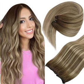 img 4 attached to 🌞 Sunny Micro Beads Weft Hair Extensions: Ombre Brown Blonde Mix, Real Human Hair, 18inch 50g, Prebeaded & Straight