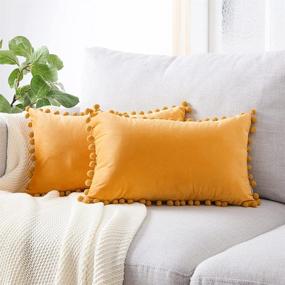 img 4 attached to Upgrade Your Home Décor With Top Finel Pom Pom Throw Pillow Covers In Soft Velvet - Pack Of 2, Mustard Yellow, 12 X 20 Inches