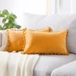 upgrade your home décor with top finel pom pom throw pillow covers in soft velvet - pack of 2, mustard yellow, 12 x 20 inches logo
