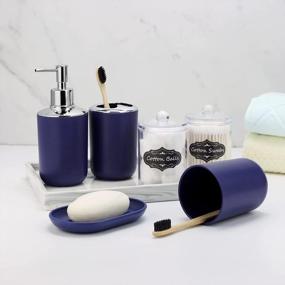img 1 attached to Blue Bathroom Accessory Set - 8 Pcs With Trash Can, Soap Dispenser, Dish, Toothbrush Holder & Cup, Toilet Brush Holder, Qtip Dispenser + Labels By IMAVO