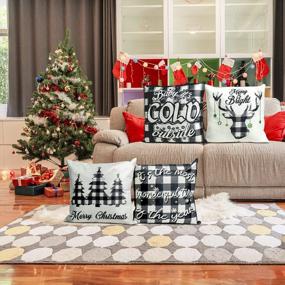 img 2 attached to 4 Pack Christmas Decorations: Buffalo Plaid Throw Pillow Covers W/ Trees & Deer, 18X18” Farmhouse Pillow Cases For Winter & Holiday - HAJACK