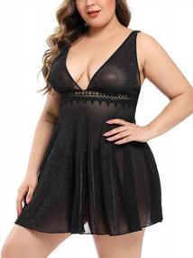 img 4 attached to Sexy Plus Size Lingerie: Garmol Babydoll Chemise With Lace And Sparkle Mesh For Deep V-Neck Sleepwear